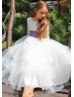 Ivory Lace Tulle Tiered Flower Girl Dress With Purple Belt Ivory Lace Tulle Tiered Flower Girl Dress With Purple Belt